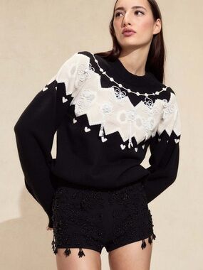 Cynthia Rowley Milei Fairisle Beaded Cropped Sweater NWT Size L